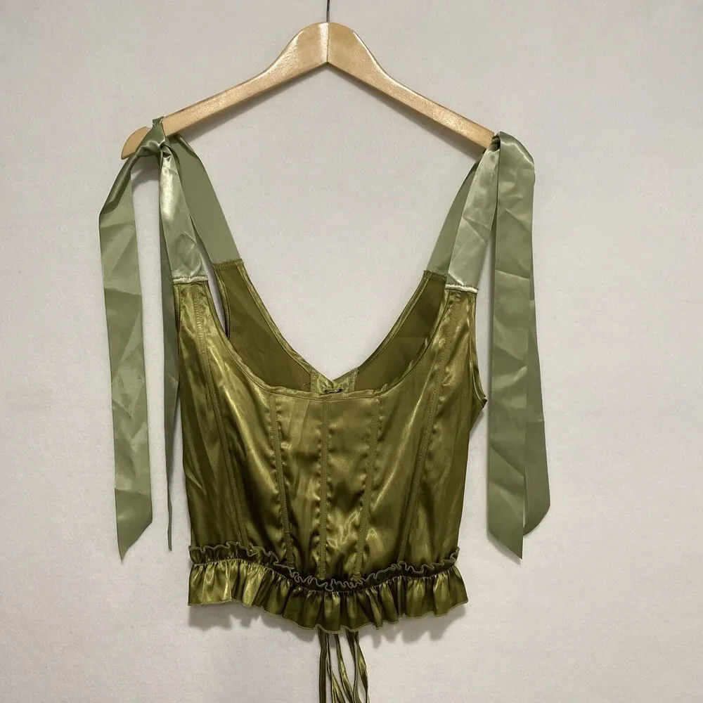 Ribbon Corset Top Medium Whimsical Satiny Chartreuse Lace Up Back Fairy - Picture 7 of 8